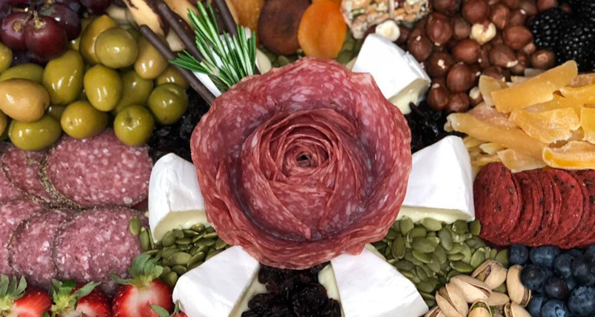 overhead shot of a fancy charcuterie board